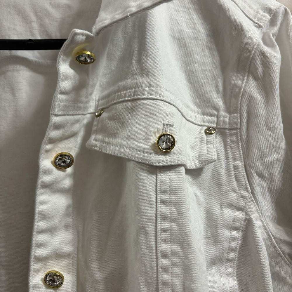 Quacker Factory White Denim Jacket Gold Rhinestone Button Trucker Small Stretch - Picture 5 of 8